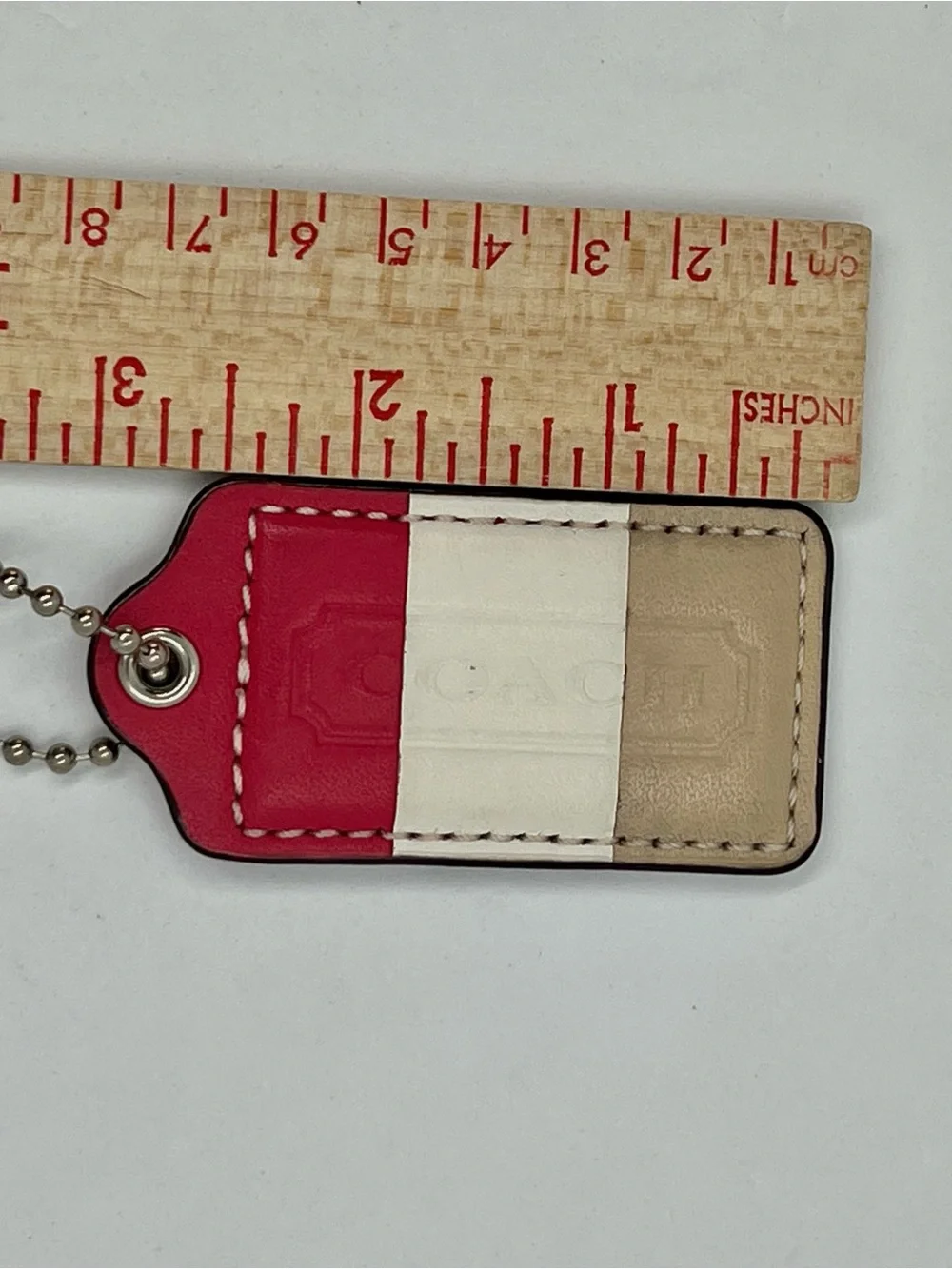 Coach Leather Hang Tag Keychain Charm Colorblock Dark Pink White Beige Bag Fob